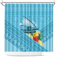 Personalised Bula Vinaka Fiji Drua Shower Curtain Fijian Traditional Canoe Tapa Cloth Blue LT14 Blue - Polynesian Pride