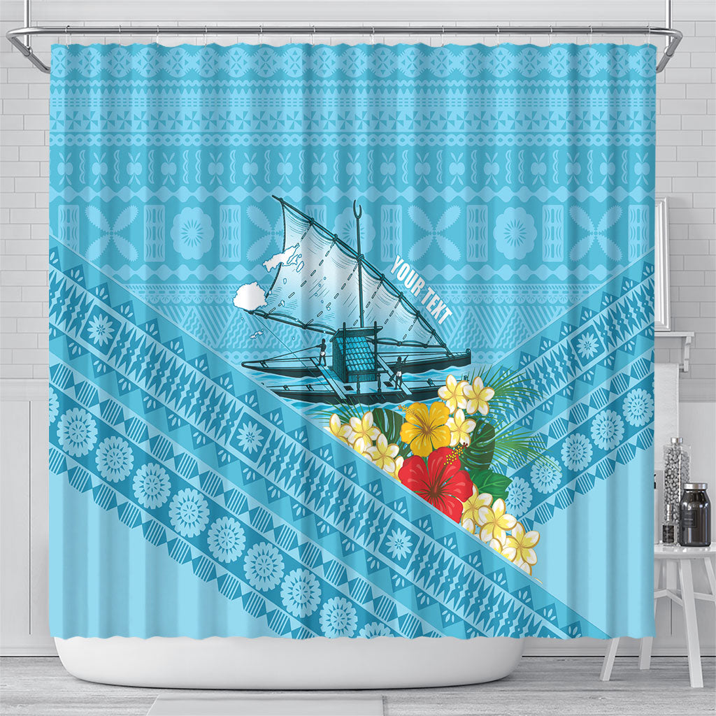 Personalised Bula Vinaka Fiji Drua Shower Curtain Fijian Traditional Canoe Tapa Cloth Blue LT14 - Polynesian Pride