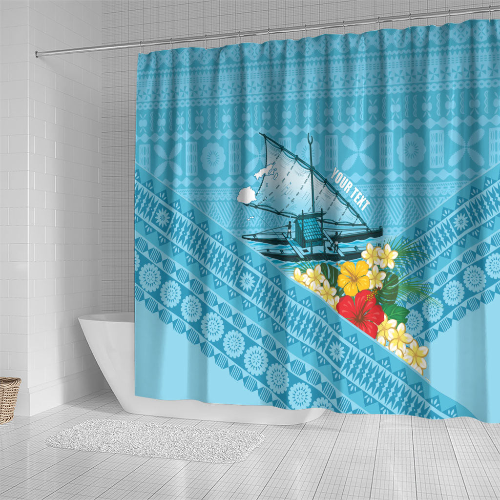 Personalised Bula Vinaka Fiji Drua Shower Curtain Fijian Traditional Canoe Tapa Cloth Blue LT14 - Polynesian Pride