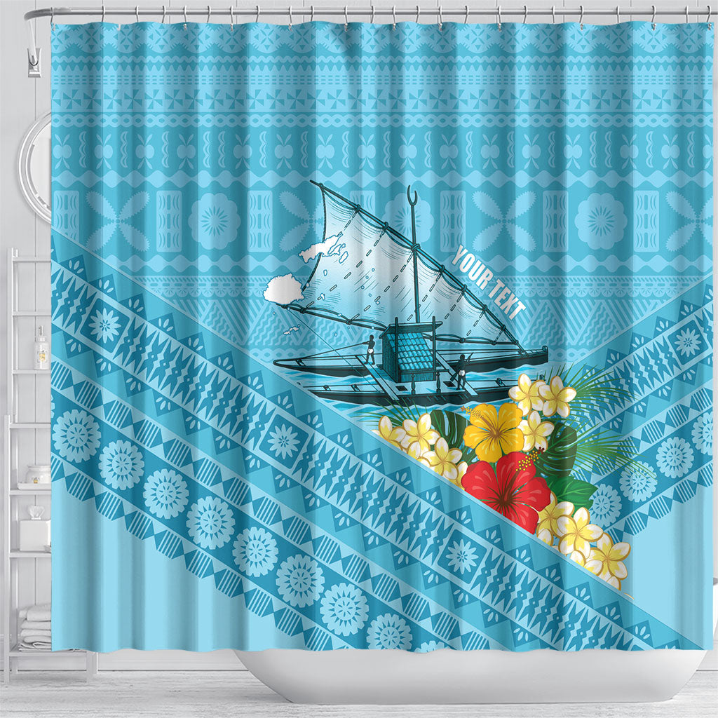 Personalised Bula Vinaka Fiji Drua Shower Curtain Fijian Traditional Canoe Tapa Cloth Blue LT14 - Polynesian Pride