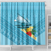 Personalised Bula Vinaka Fiji Drua Shower Curtain Fijian Traditional Canoe Tapa Cloth Blue LT14 - Polynesian Pride