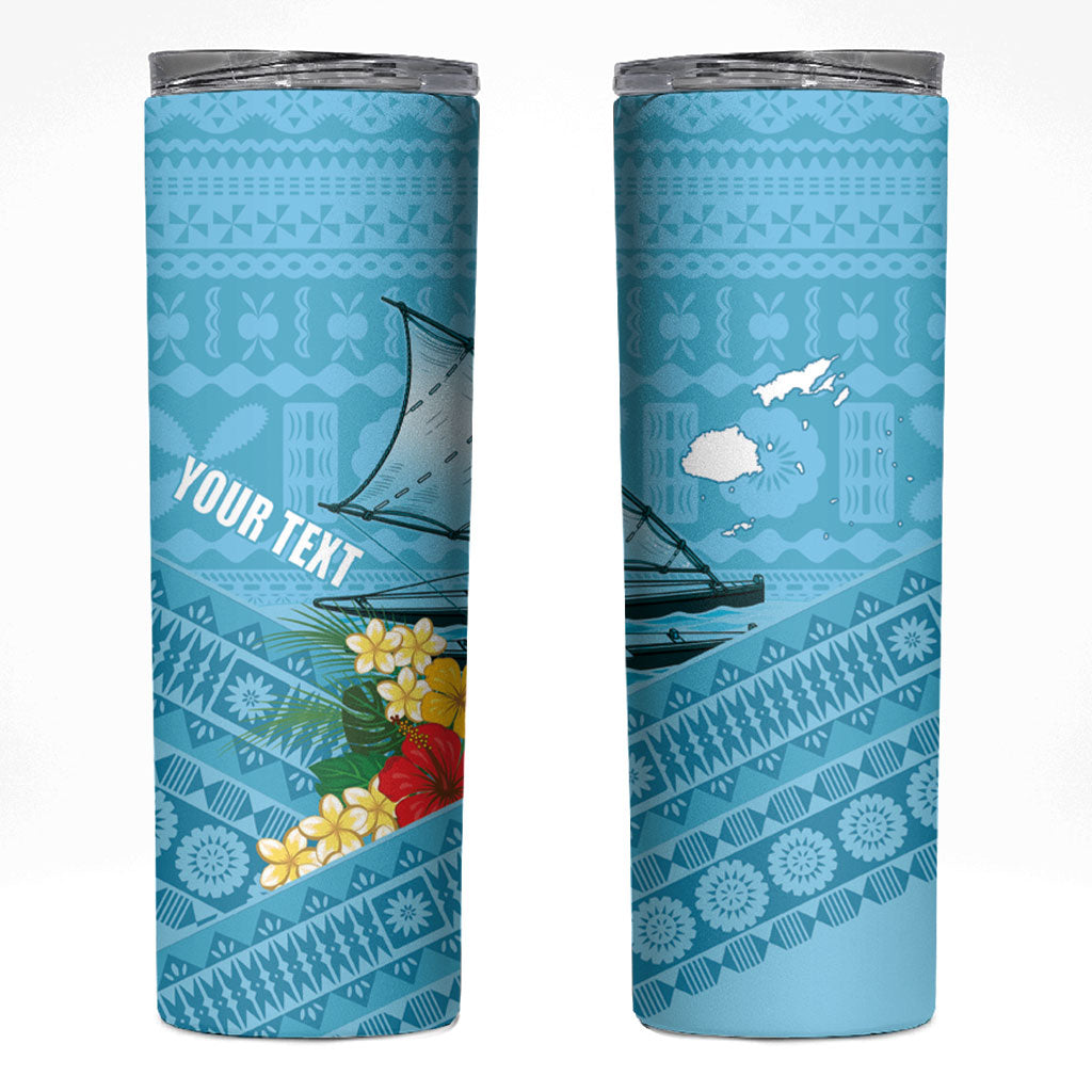 Personalised Bula Vinaka Fiji Drua Skinny Tumbler Fijian Traditional Canoe Tapa Cloth Blue LT14 Blue - Polynesian Pride