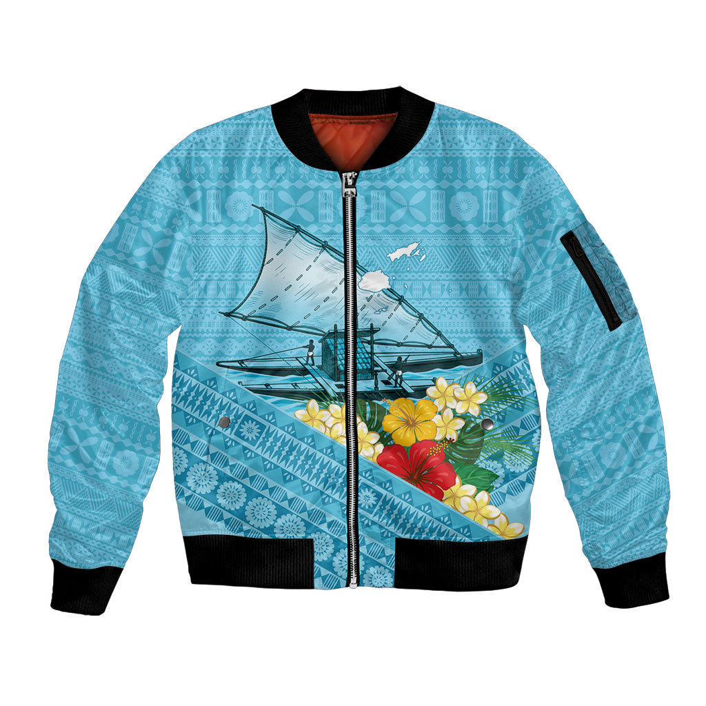 Personalised Bula Vinaka Fiji Drua Sleeve Zip Bomber Jacket Fijian Traditional Canoe Tapa Cloth Blue LT14 Unisex Blue - Polynesian Pride