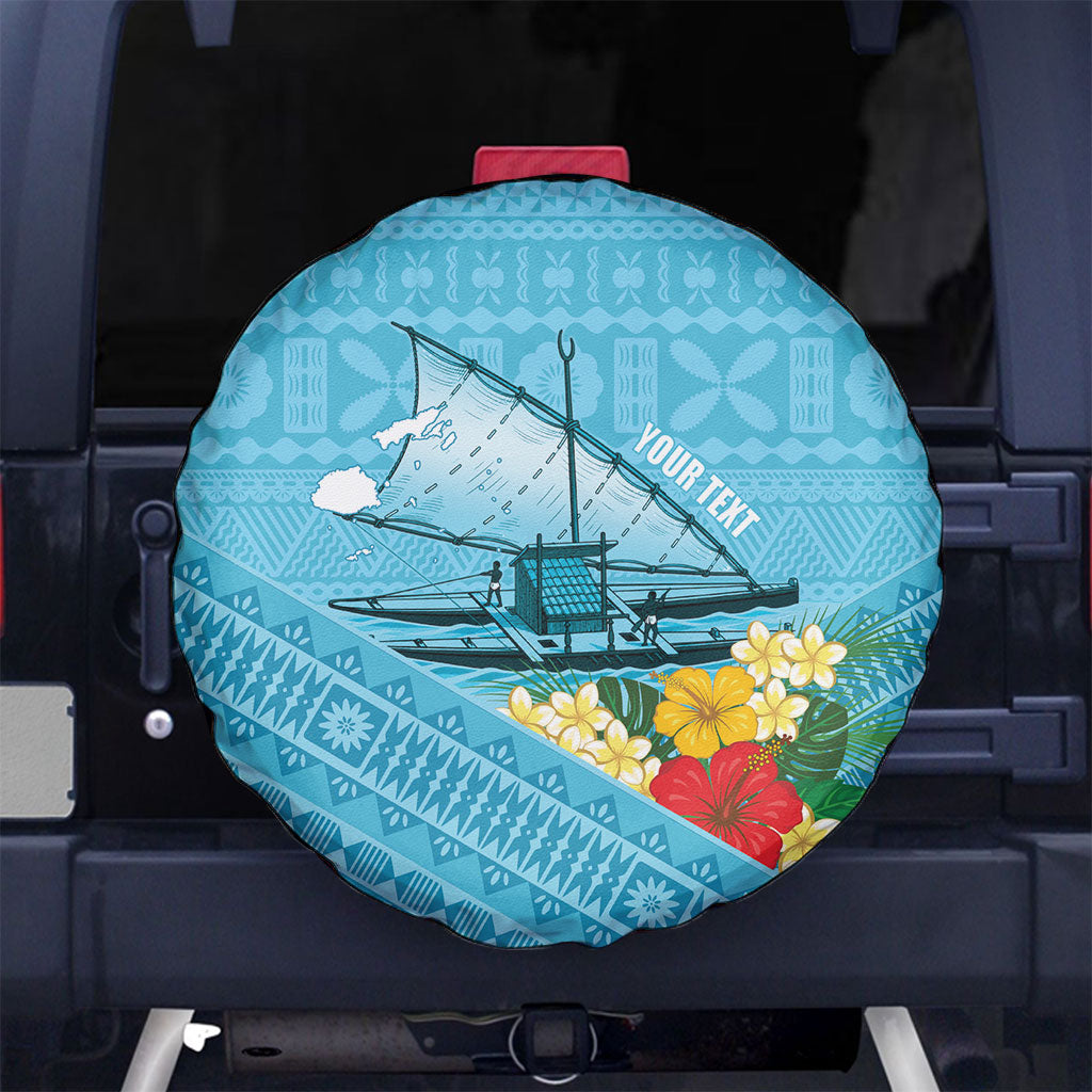 Personalised Bula Vinaka Fiji Drua Spare Tire Cover Fijian Traditional Canoe Tapa Cloth Blue LT14 No hole Blue - Polynesian Pride