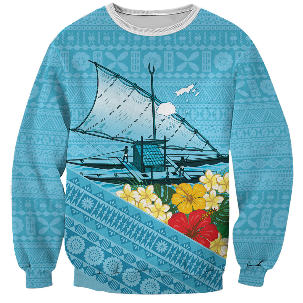 Personalised Bula Vinaka Fiji Drua Sweatshirt Fijian Traditional Canoe Tapa Cloth Blue LT14 Unisex Blue - Polynesian Pride