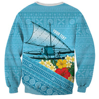 Personalised Bula Vinaka Fiji Drua Sweatshirt Fijian Traditional Canoe Tapa Cloth Blue LT14 - Polynesian Pride