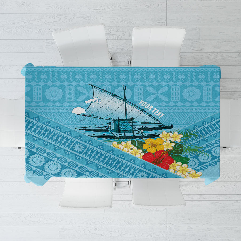 Personalised Bula Vinaka Fiji Drua Tablecloth Fijian Traditional Canoe Tapa Cloth Blue LT14 Blue - Polynesian Pride