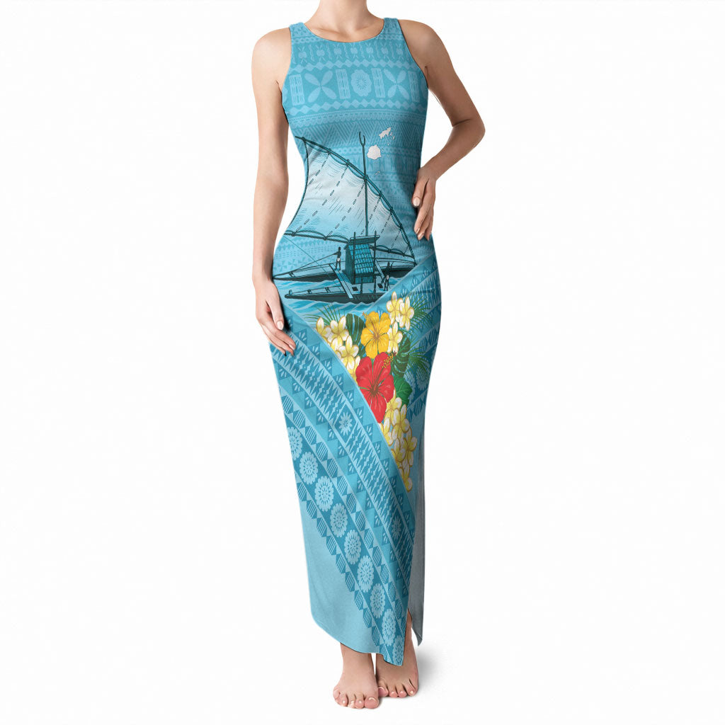 Personalised Bula Vinaka Fiji Drua Tank Maxi Dress Fijian Traditional Canoe Tapa Cloth Blue LT14 Women Blue - Polynesian Pride