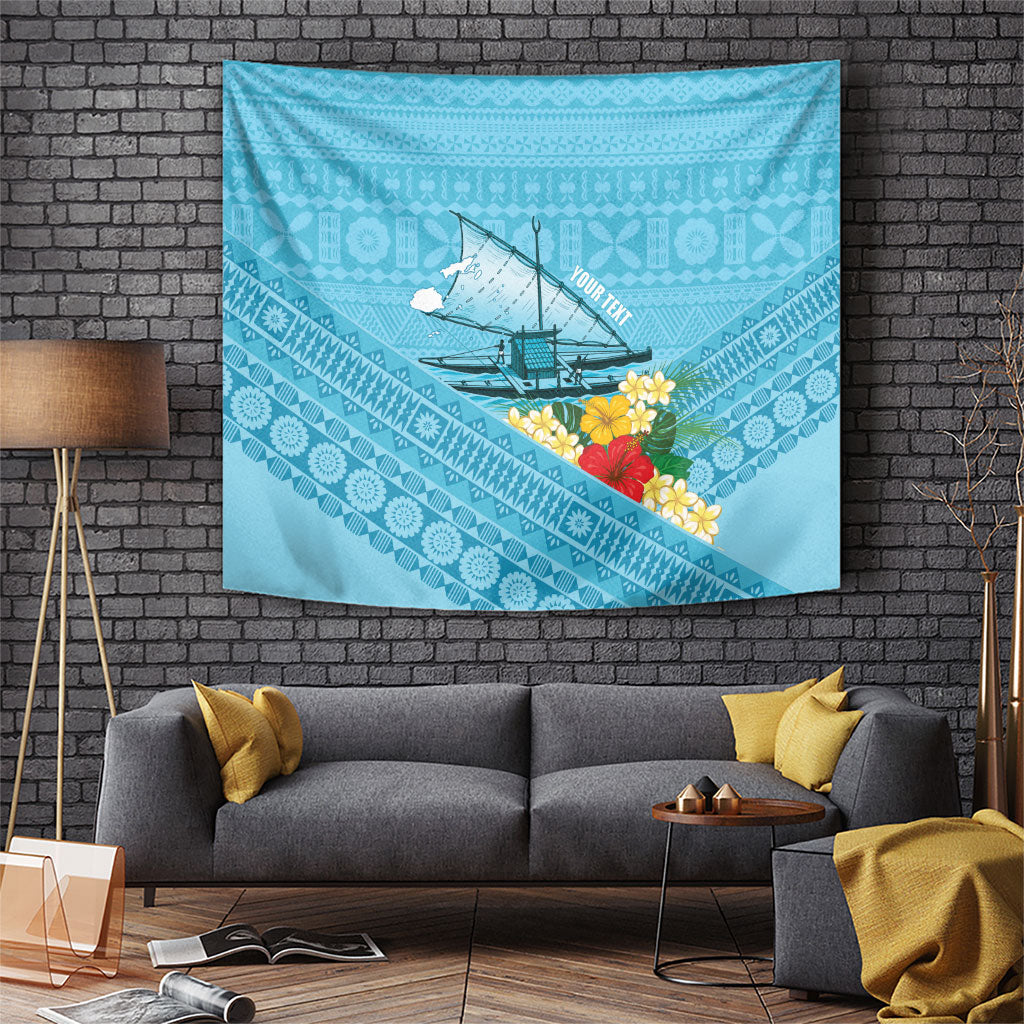 Personalised Bula Vinaka Fiji Drua Tapestry Fijian Traditional Canoe Tapa Cloth Blue LT14 Blue - Polynesian Pride