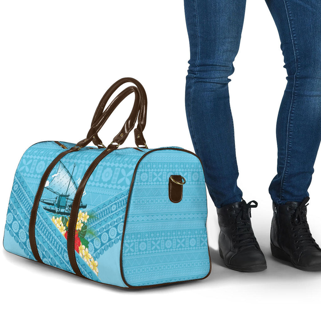 Personalised Bula Vinaka Fiji Drua Travel Bag Fijian Traditional Canoe Tapa Cloth Blue LT14 - Polynesian Pride