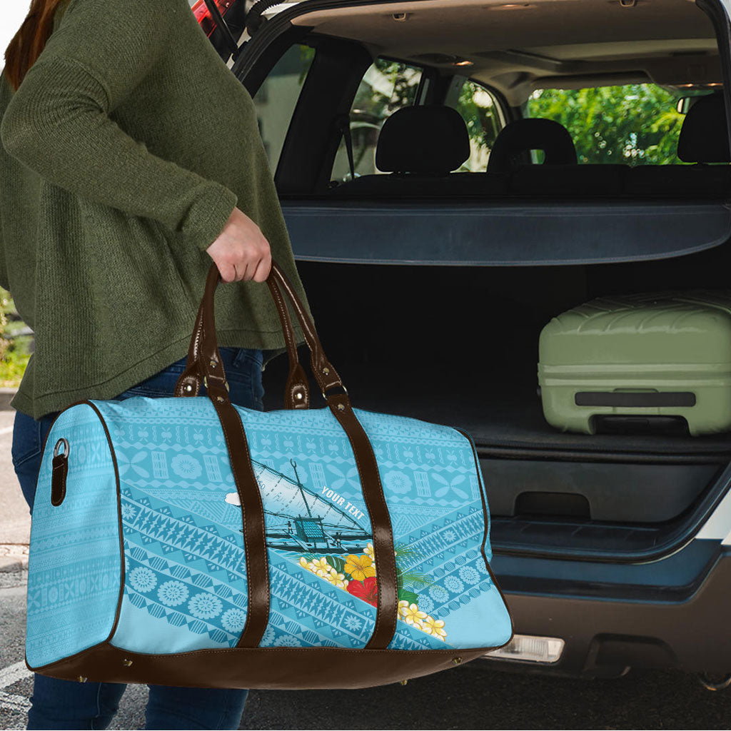 Personalised Bula Vinaka Fiji Drua Travel Bag Fijian Traditional Canoe Tapa Cloth Blue LT14 - Polynesian Pride