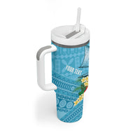 Personalised Bula Vinaka Fiji Drua Tumbler With Handle Fijian Traditional Canoe Tapa Cloth Blue LT14 - Polynesian Pride