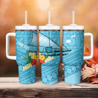 Personalised Bula Vinaka Fiji Drua Tumbler With Handle Fijian Traditional Canoe Tapa Cloth Blue LT14 - Polynesian Pride