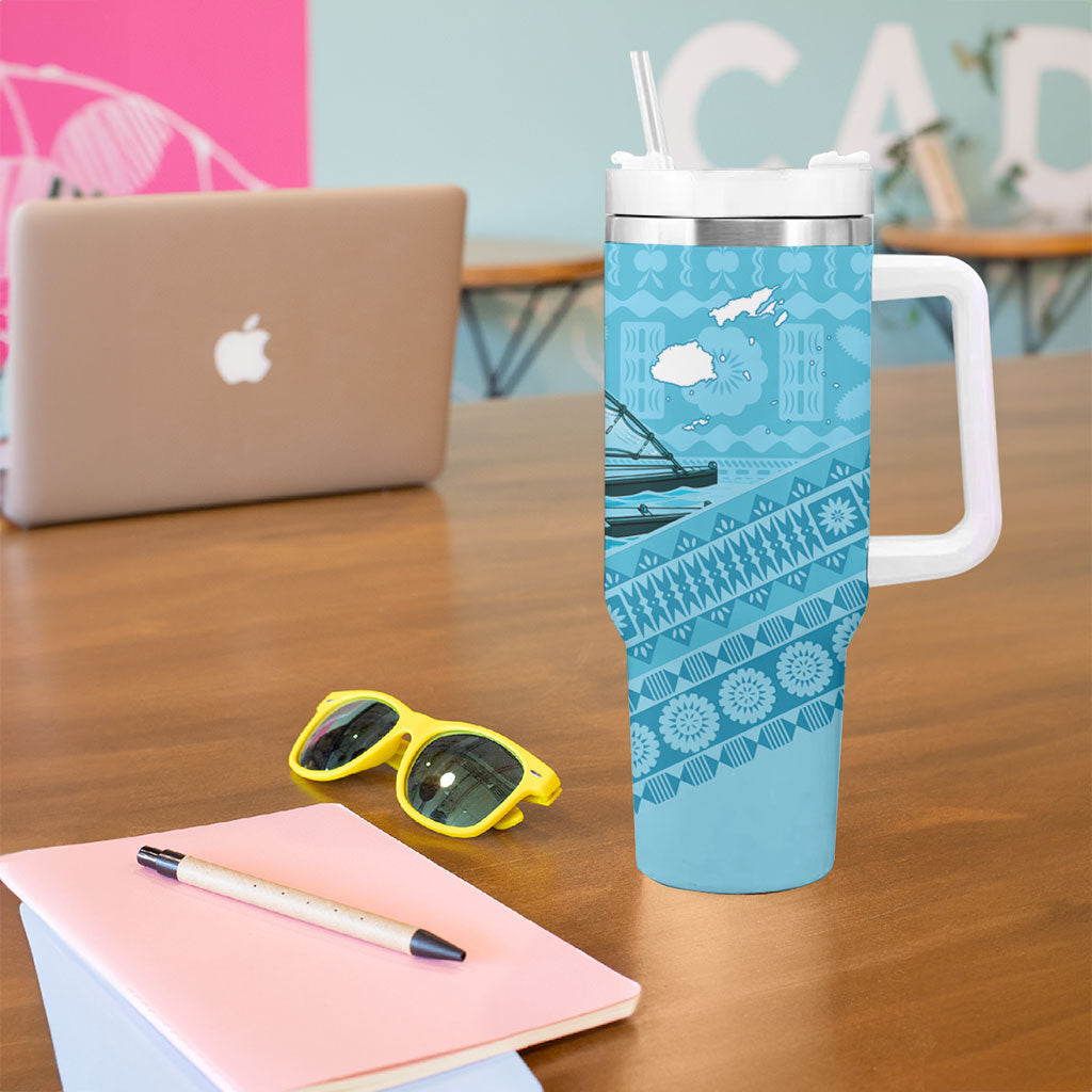 Personalised Bula Vinaka Fiji Drua Tumbler With Handle Fijian Traditional Canoe Tapa Cloth Blue LT14 - Polynesian Pride