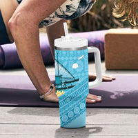 Personalised Bula Vinaka Fiji Drua Tumbler With Handle Fijian Traditional Canoe Tapa Cloth Blue LT14 - Polynesian Pride