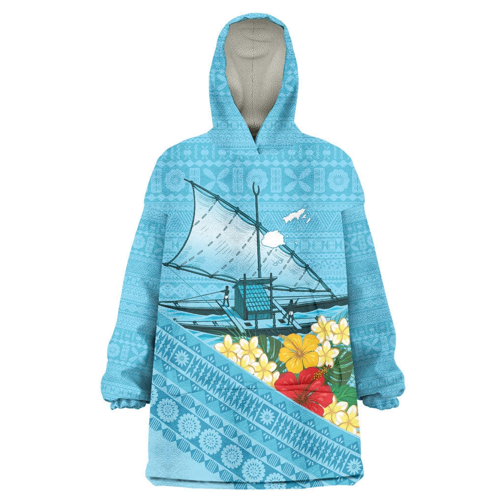 Personalised Bula Vinaka Fiji Drua Wearable Blanket Hoodie Fijian Traditional Canoe Tapa Cloth Blue LT14 One Size Blue - Polynesian Pride