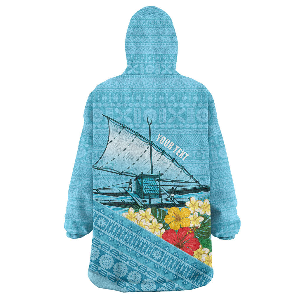 Personalised Bula Vinaka Fiji Drua Wearable Blanket Hoodie Fijian Traditional Canoe Tapa Cloth Blue LT14 - Polynesian Pride