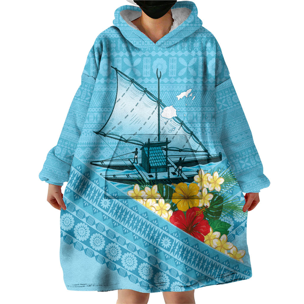 Personalised Bula Vinaka Fiji Drua Wearable Blanket Hoodie Fijian Traditional Canoe Tapa Cloth Blue LT14 - Polynesian Pride