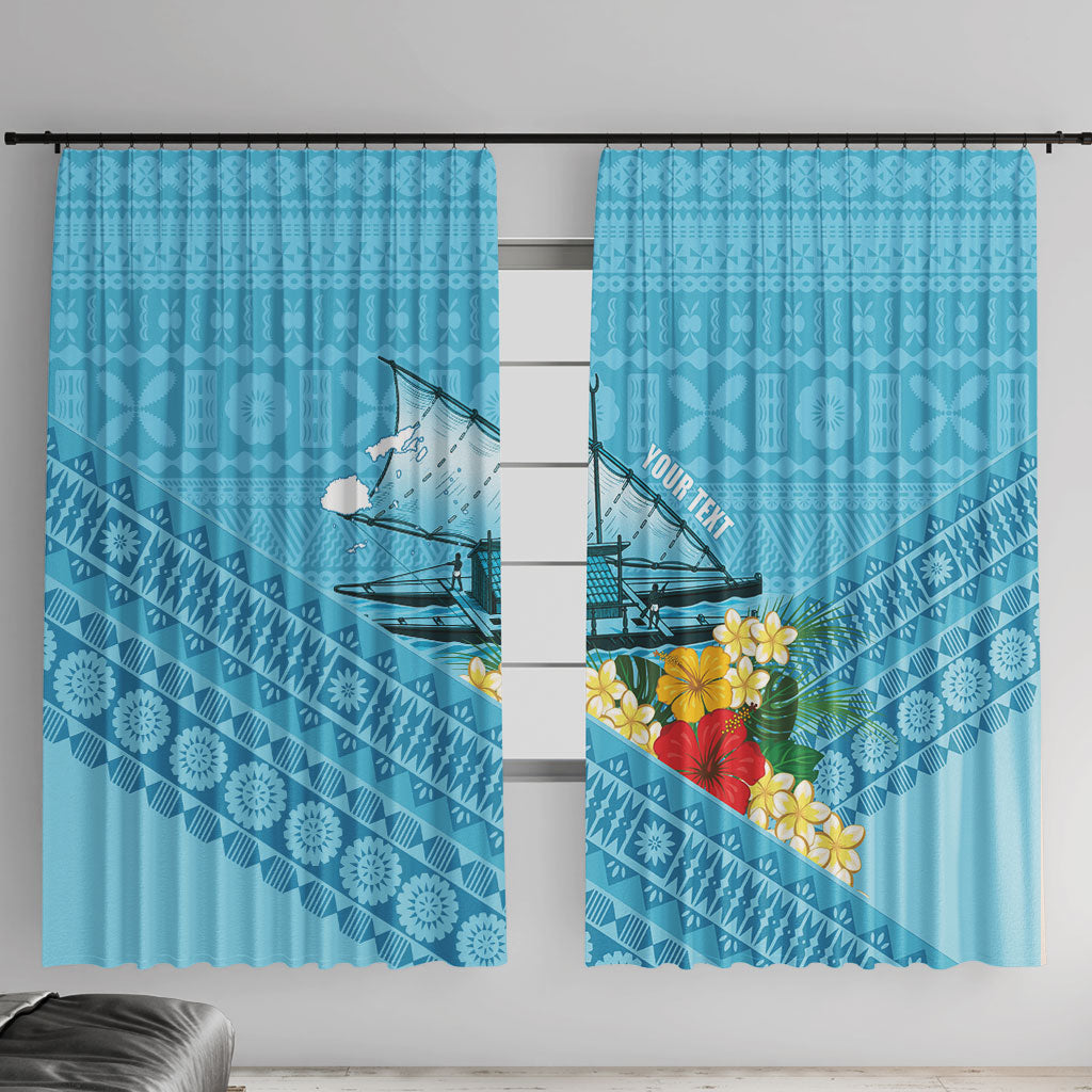 Personalised Bula Vinaka Fiji Drua Window Curtain Fijian Traditional Canoe Tapa Cloth Blue LT14 With Hooks Blue - Polynesian Pride