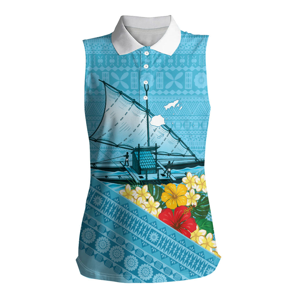 Personalised Bula Vinaka Fiji Drua Women Sleeveless Polo Shirt Fijian Traditional Canoe Tapa Cloth Blue LT14 Female Blue - Polynesian Pride