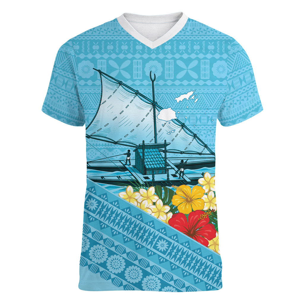Personalised Bula Vinaka Fiji Drua Women V-Neck T-Shirt Fijian Traditional Canoe Tapa Cloth Blue LT14 Female Blue - Polynesian Pride