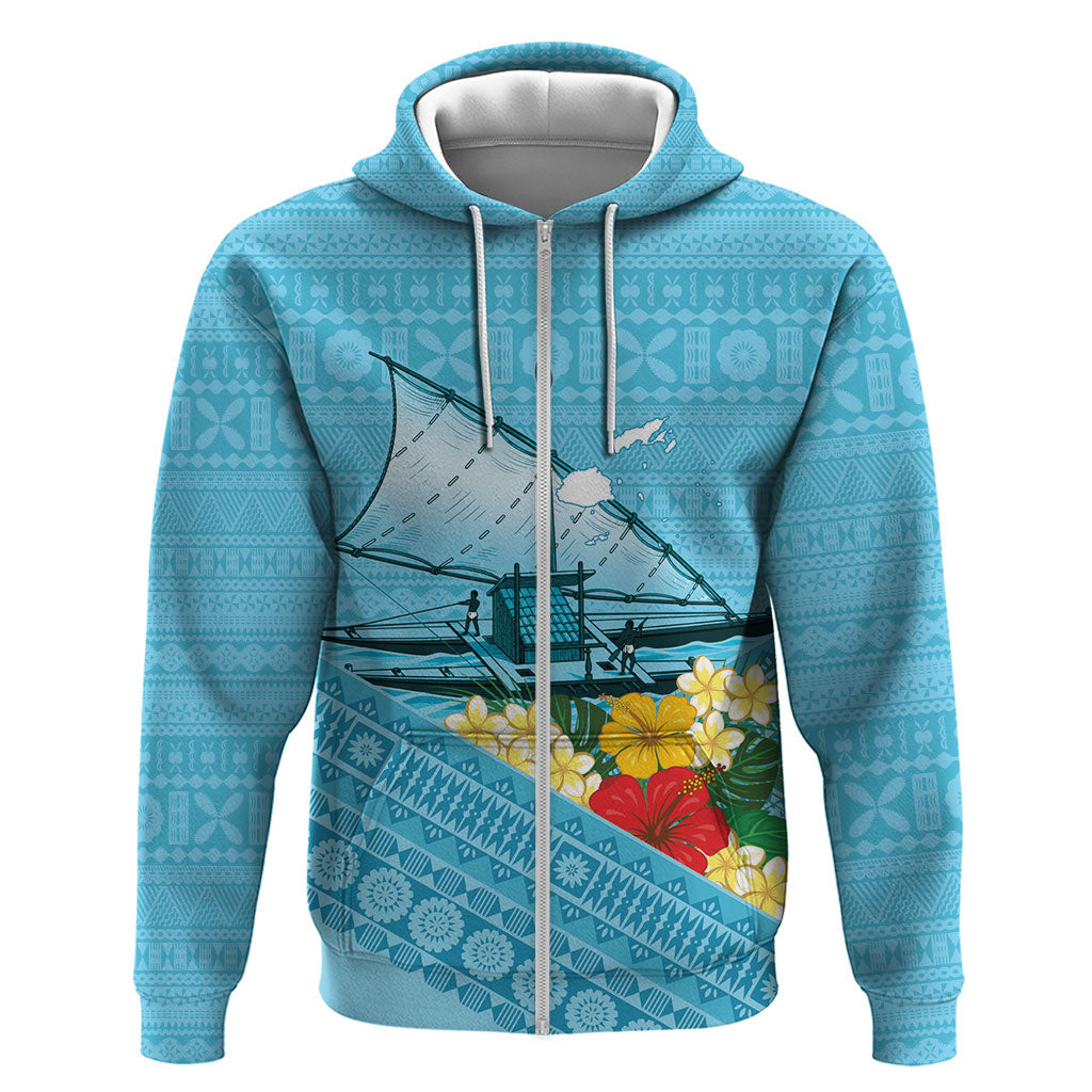 Personalised Bula Vinaka Fiji Drua Zip Hoodie Fijian Traditional Canoe Tapa Cloth Blue LT14 Zip Hoodie Blue - Polynesian Pride