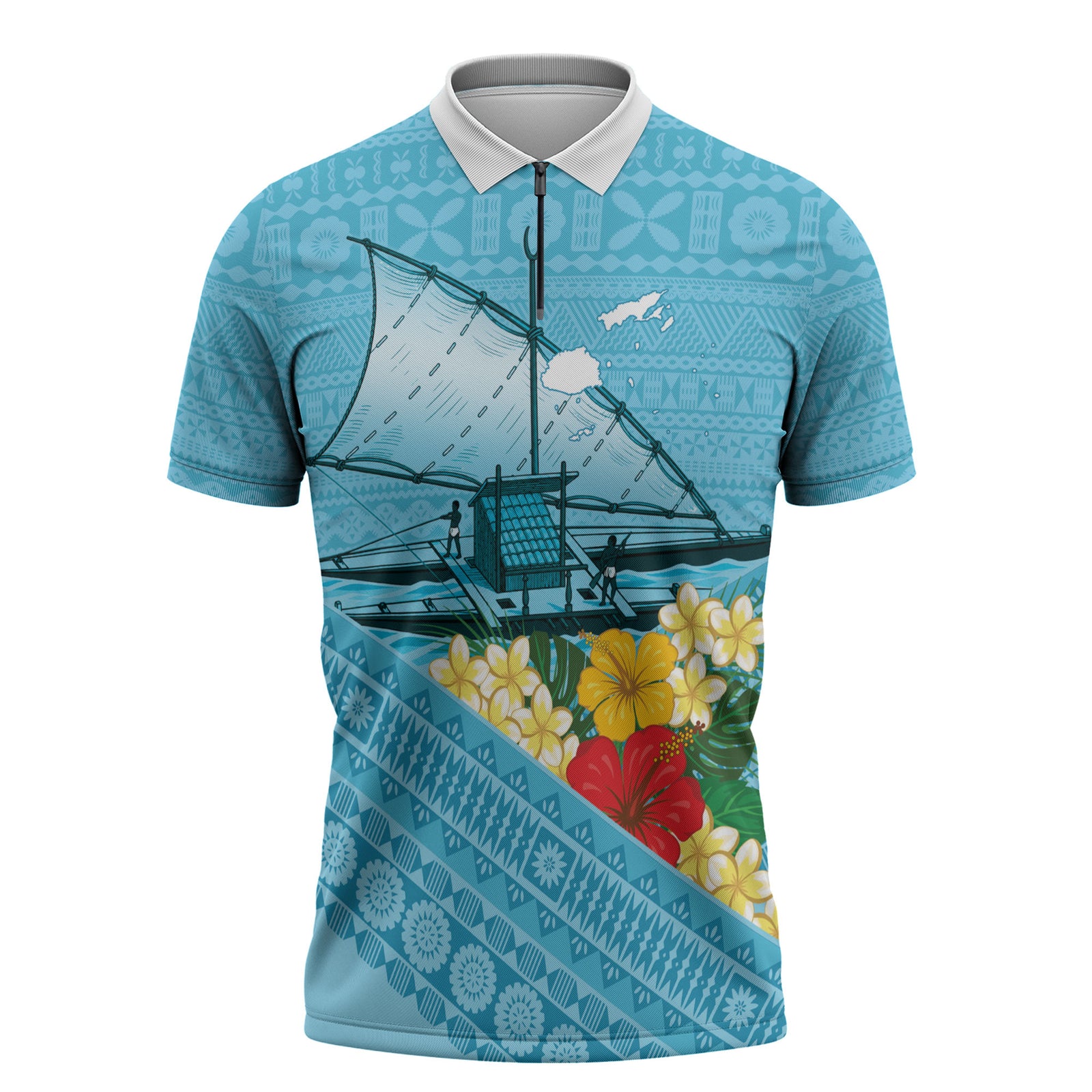 Personalised Bula Vinaka Fiji Drua Zipper Polo Shirt Fijian Traditional Canoe Tapa Cloth Blue LT14 Blue - Polynesian Pride