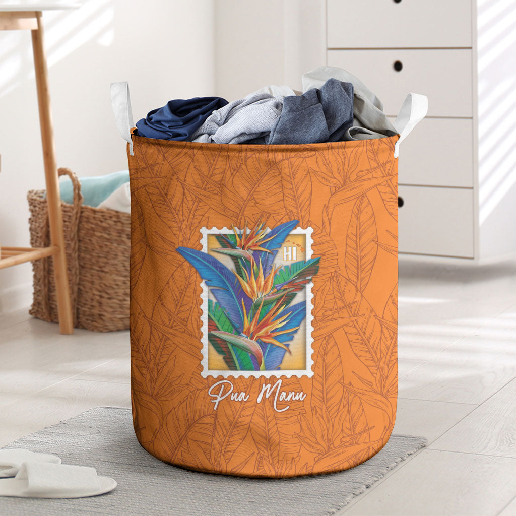 Aloha Hawaii Pua Manu Laundry Basket Hawaiian Bird of Paradise Flowers Stylized Stamp LT14 Orange - Polynesian Pride