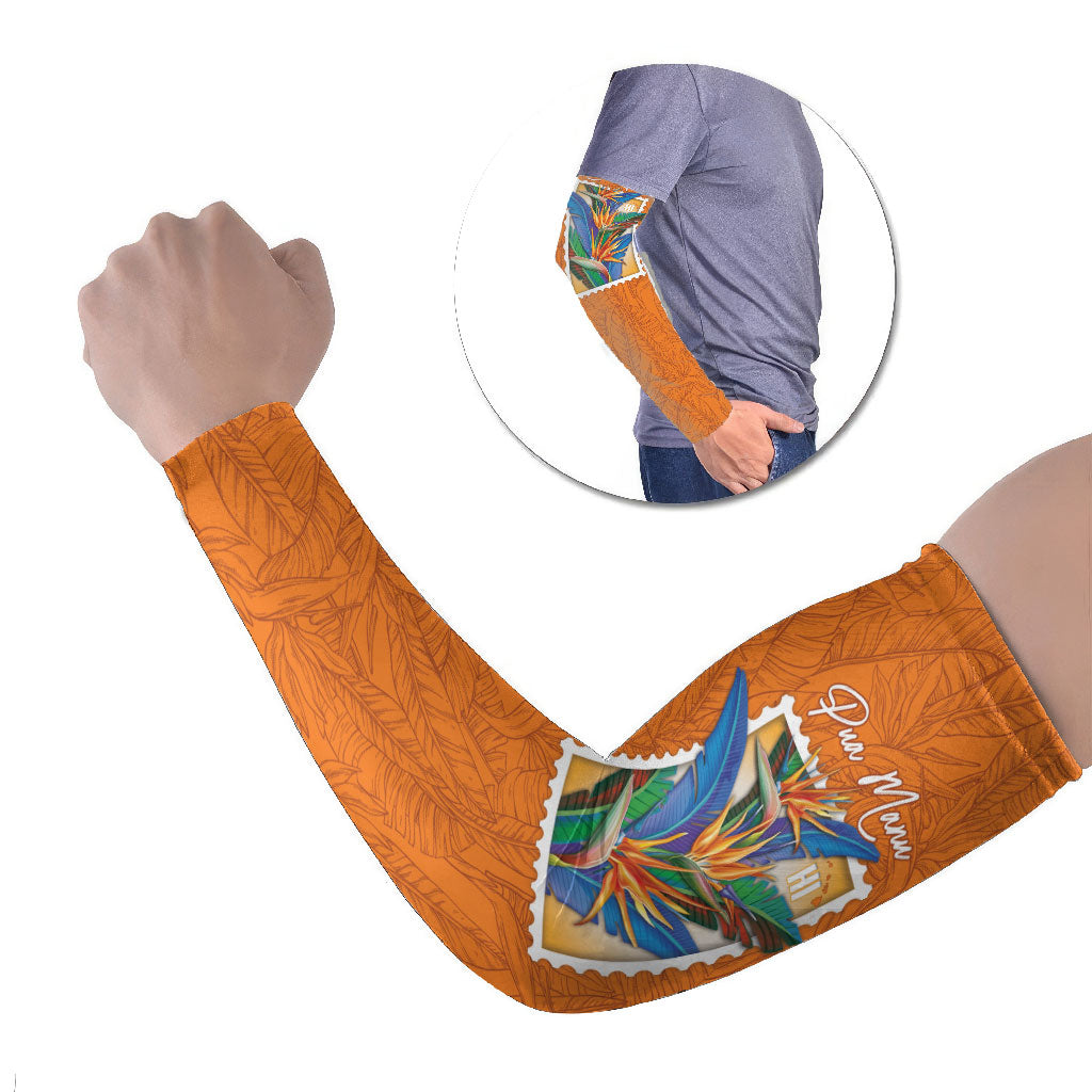 Aloha Hawaii Pua Manu Arm Sleeves Hawaiian Bird of Paradise Flowers Stylized Stamp LT14 Set of 2 Orange - Polynesian Pride