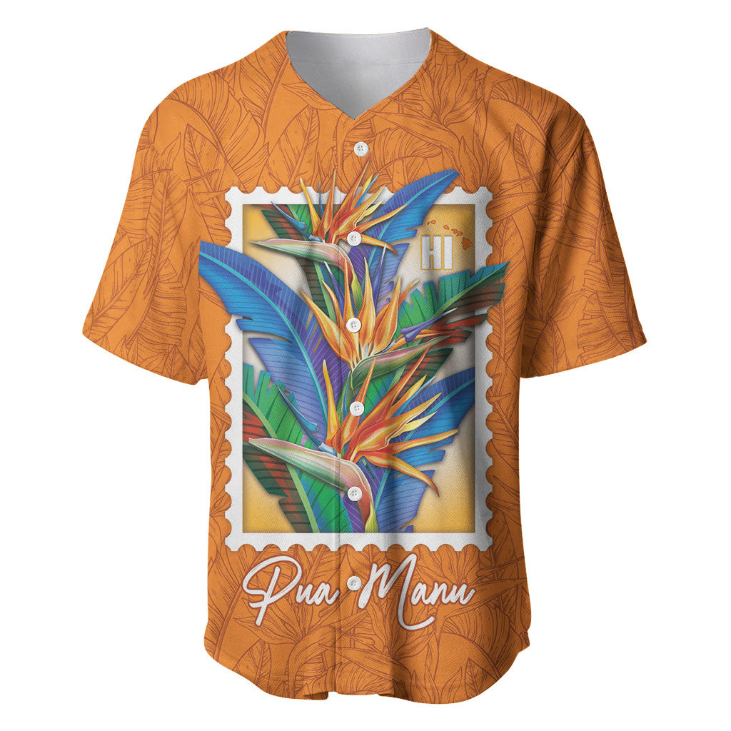 Aloha Hawaii Pua Manu Baseball Jersey Hawaiian Bird of Paradise Flowers Stylized Stamp LT14 Orange - Polynesian Pride