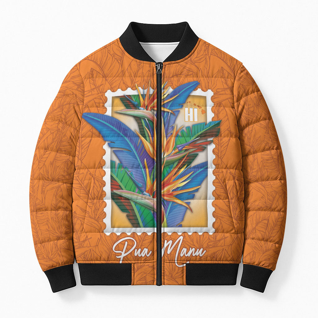 Aloha Hawaii Pua Manu Bomber Puffer Jacket Hawaiian Bird of Paradise Flowers Stylized Stamp LT14 Unisex Orange - Polynesian Pride
