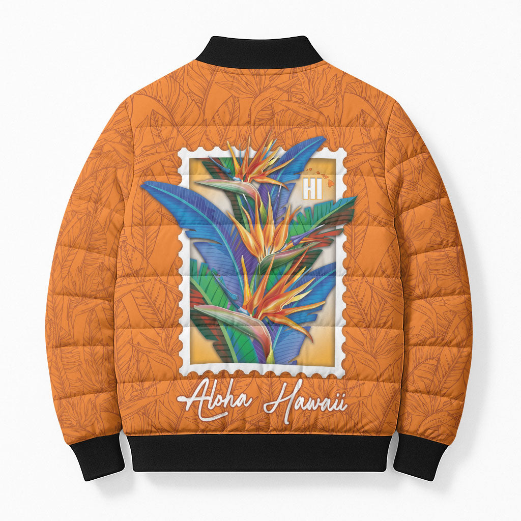 Aloha Hawaii Pua Manu Bomber Puffer Jacket Hawaiian Bird of Paradise Flowers Stylized Stamp LT14 - Polynesian Pride