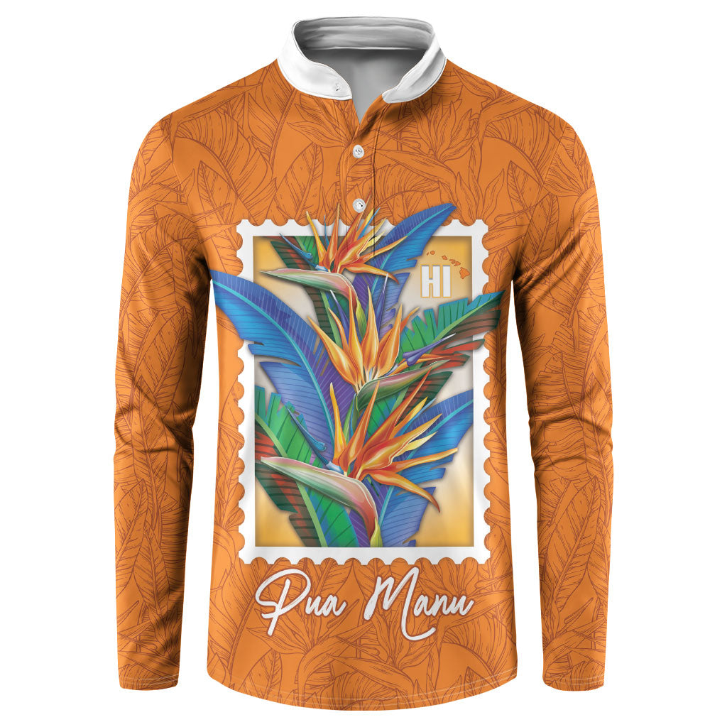 Aloha Hawaii Pua Manu Button Sweatshirt Hawaiian Bird of Paradise Flowers Stylized Stamp LT14 Orange - Polynesian Pride