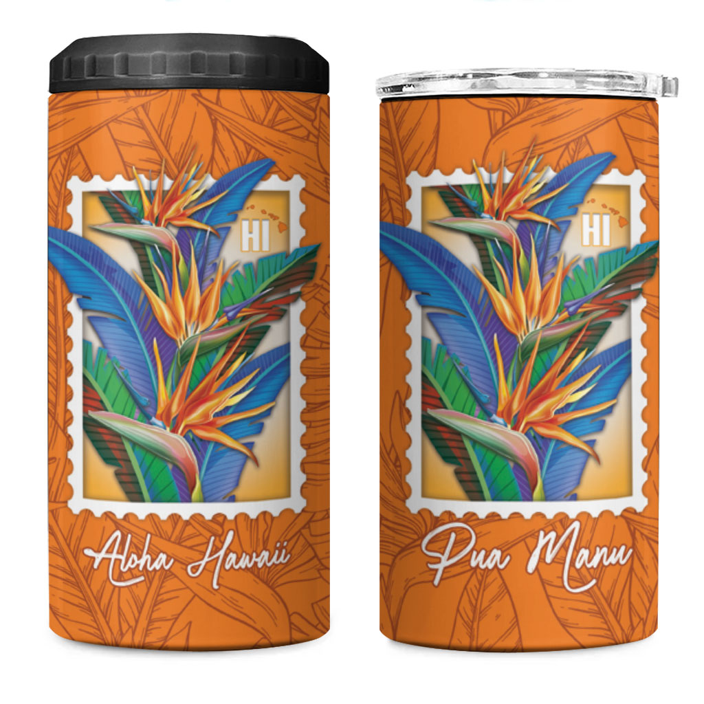 Aloha Hawaii Pua Manu 4 in 1 Can Cooler Tumbler Hawaiian Bird of Paradise Flowers Stylized Stamp LT14 One Size: 16 oz Orange - Polynesian Pride