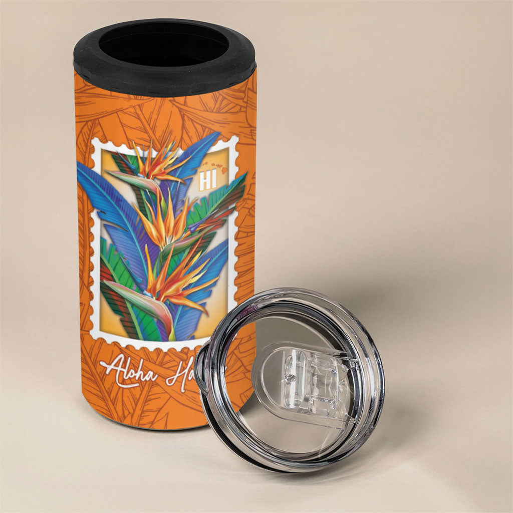 Aloha Hawaii Pua Manu 4 in 1 Can Cooler Tumbler Hawaiian Bird of Paradise Flowers Stylized Stamp LT14 - Polynesian Pride