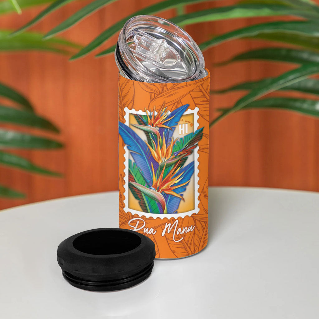 Aloha Hawaii Pua Manu 4 in 1 Can Cooler Tumbler Hawaiian Bird of Paradise Flowers Stylized Stamp LT14 - Polynesian Pride