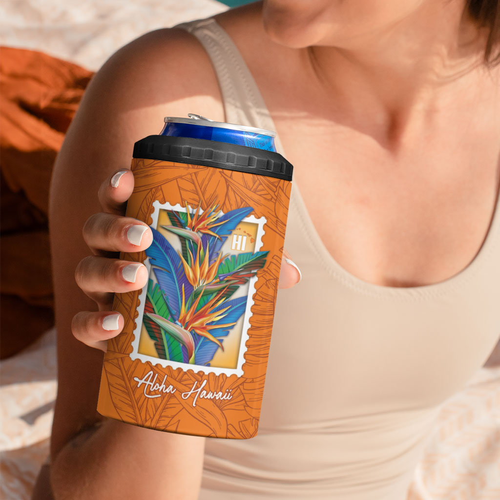 Aloha Hawaii Pua Manu 4 in 1 Can Cooler Tumbler Hawaiian Bird of Paradise Flowers Stylized Stamp LT14 - Polynesian Pride