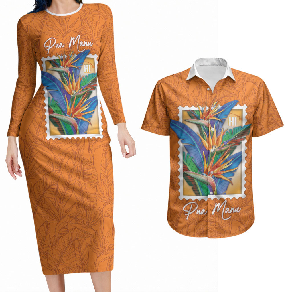 Aloha Hawaii Pua Manu Couples Matching Long Sleeve Bodycon Dress and Hawaiian Shirt Hawaiian Bird of Paradise Flowers Stylized Stamp LT14 Orange - Polynesian Pride