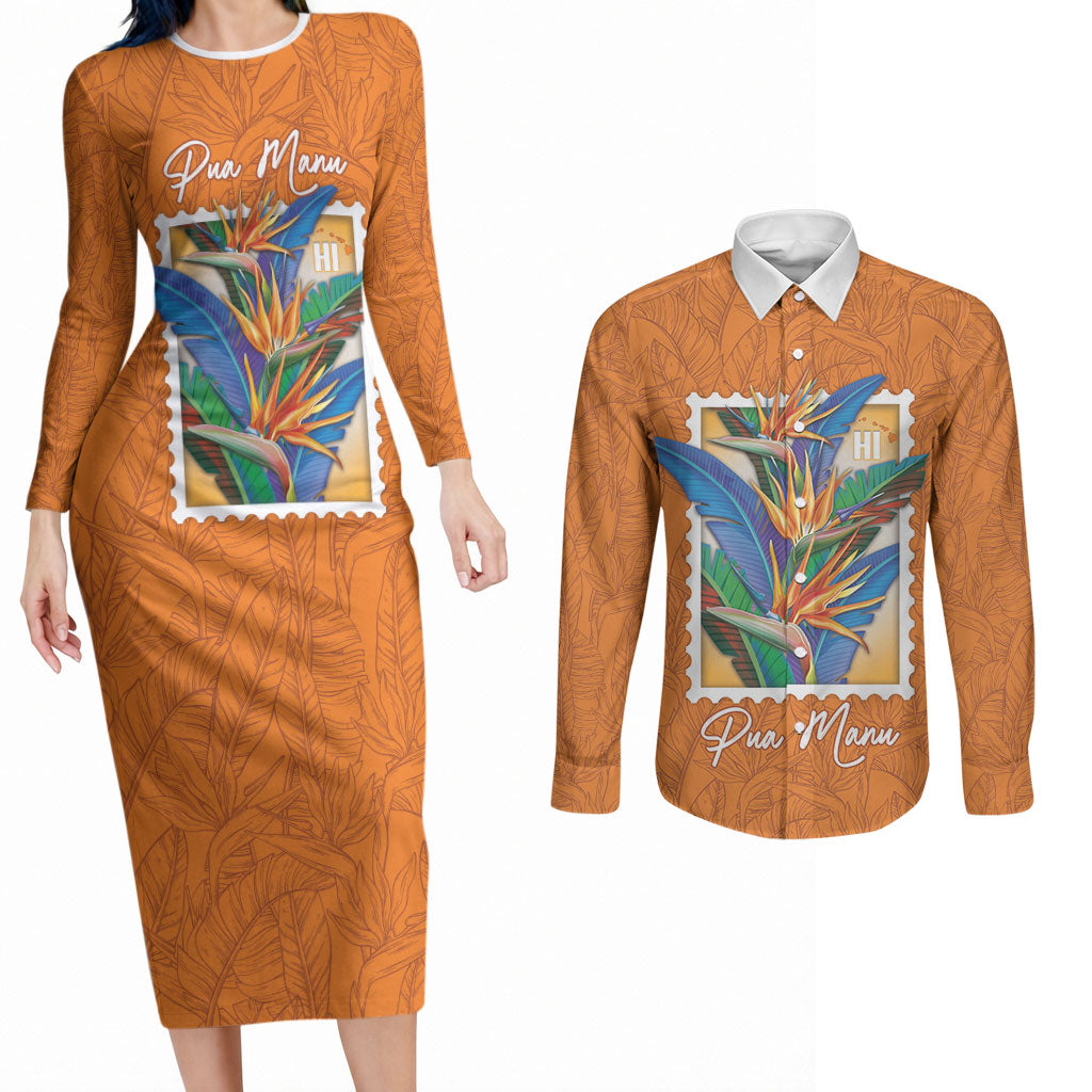 Aloha Hawaii Pua Manu Couples Matching Long Sleeve Bodycon Dress and Long Sleeve Button Shirt Hawaiian Bird of Paradise Flowers Stylized Stamp