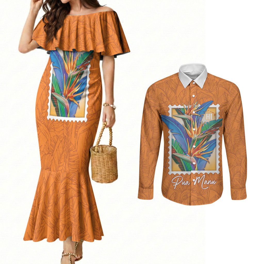 Aloha Hawaii Pua Manu Couples Matching Mermaid Dress and Long Sleeve Button Shirt Hawaiian Bird of Paradise Flowers Stylized Stamp LT14 Orange - Polynesian Pride