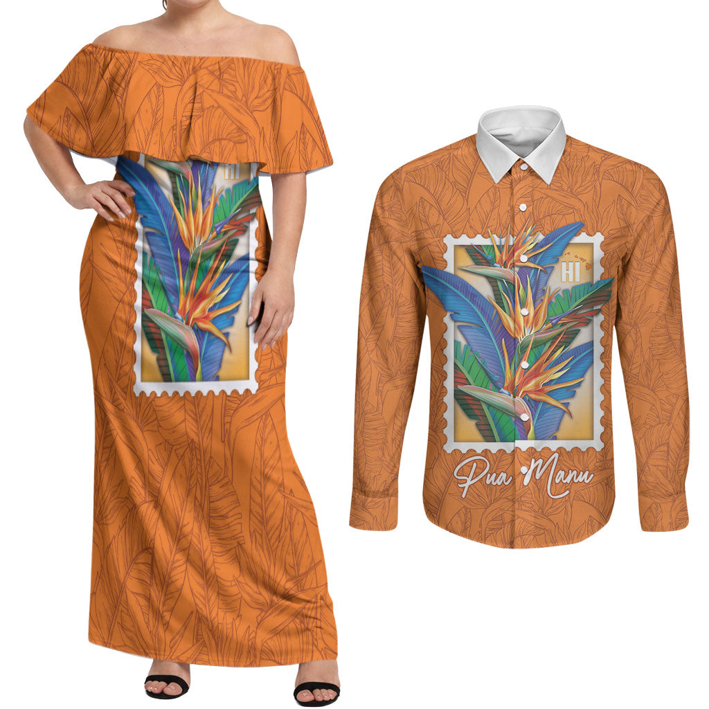 Aloha Hawaii Pua Manu Couples Matching Off Shoulder Maxi Dress and Long Sleeve Button Shirt Hawaiian Bird of Paradise Flowers Stylized Stamp LT14 Orange - Polynesian Pride