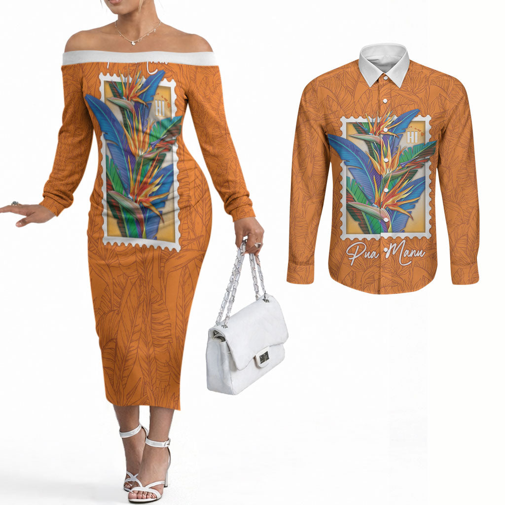 Aloha Hawaii Pua Manu Couples Matching Off The Shoulder Long Sleeve Dress and Long Sleeve Button Shirt Hawaiian Bird of Paradise Flowers Stylized Stamp LT14 Orange - Polynesian Pride