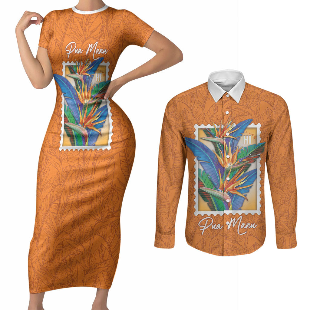 Aloha Hawaii Pua Manu Couples Matching Short Sleeve Bodycon Dress and Long Sleeve Button Shirt Hawaiian Bird of Paradise Flowers Stylized Stamp LT14 Orange - Polynesian Pride