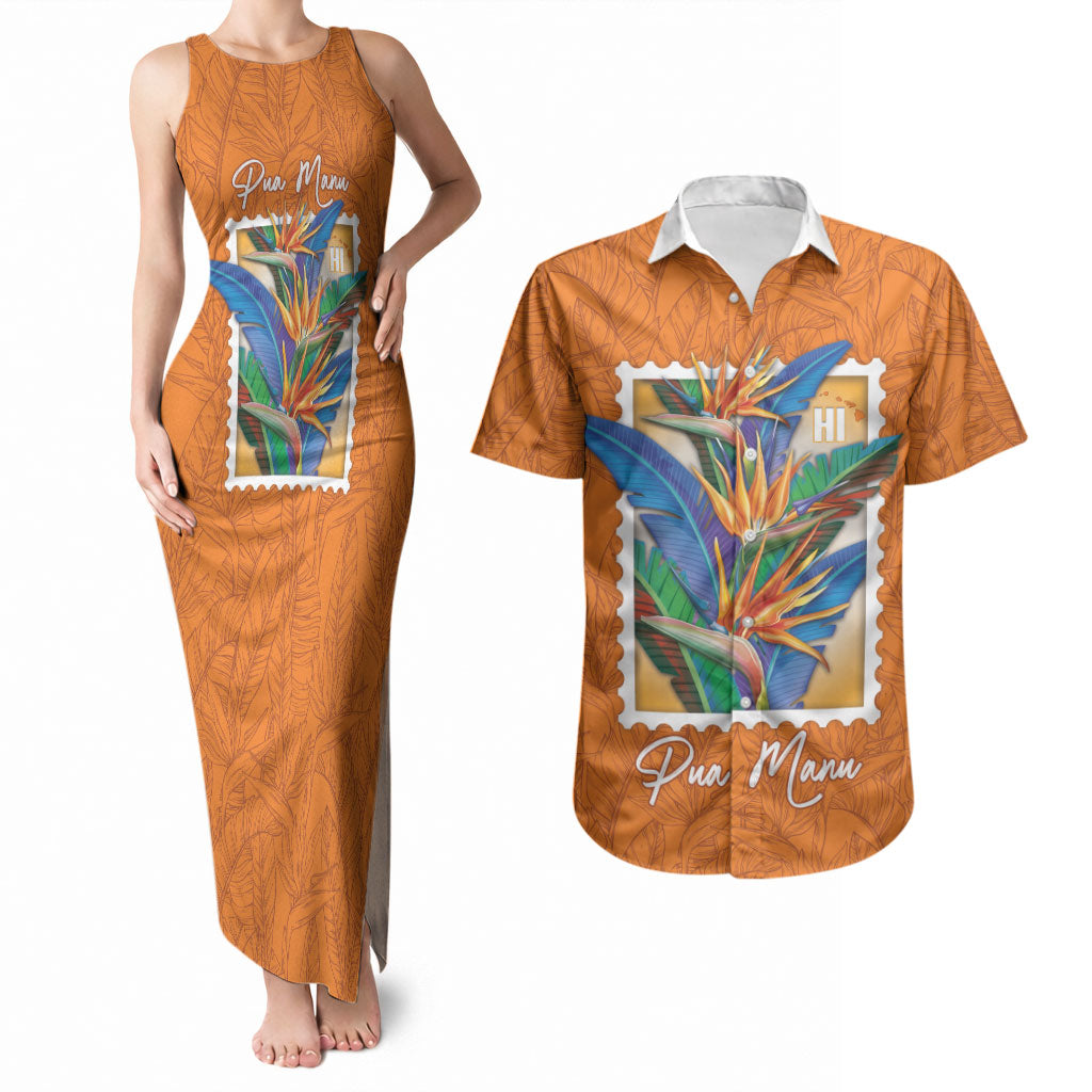 Aloha Hawaii Pua Manu Couples Matching Tank Maxi Dress and Hawaiian Shirt Hawaiian Bird of Paradise Flowers Stylized Stamp LT14 Orange - Polynesian Pride