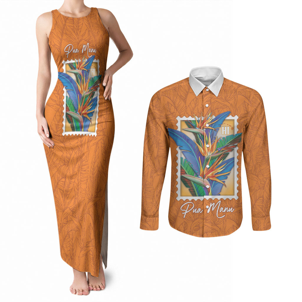 Aloha Hawaii Pua Manu Couples Matching Tank Maxi Dress and Long Sleeve Button Shirt Hawaiian Bird of Paradise Flowers Stylized Stamp LT14 Orange - Polynesian Pride