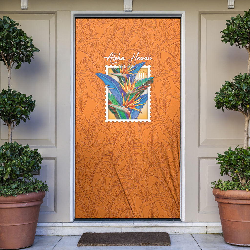 Aloha Hawaii Pua Manu Door Cover Hawaiian Bird of Paradise Flowers Stylized Stamp LT14 Orange - Polynesian Pride