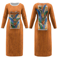 Aloha Hawaii Pua Manu Family Matching Long Sleeve Bodycon Dress and Hawaiian Shirt Hawaiian Bird of Paradise Flowers Stylized Stamp LT14 Mom's Dress Orange - Polynesian Pride