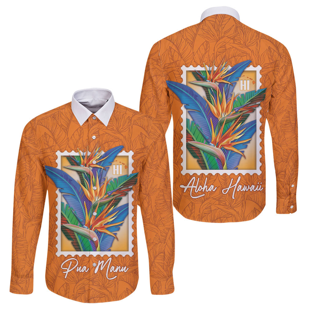 Aloha Hawaii Pua Manu Family Matching Off The Shoulder Long Sleeve Dress and Hawaiian Shirt Hawaiian Bird of Paradise Flowers Stylized Stamp LT14 Dad's Shirt - Long Sleeve Orange - Polynesian Pride