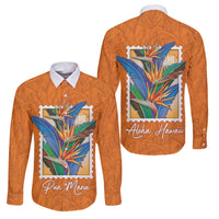 Aloha Hawaii Pua Manu Family Matching Off The Shoulder Long Sleeve Dress and Hawaiian Shirt Hawaiian Bird of Paradise Flowers Stylized Stamp LT14 Dad's Shirt - Long Sleeve Orange - Polynesian Pride