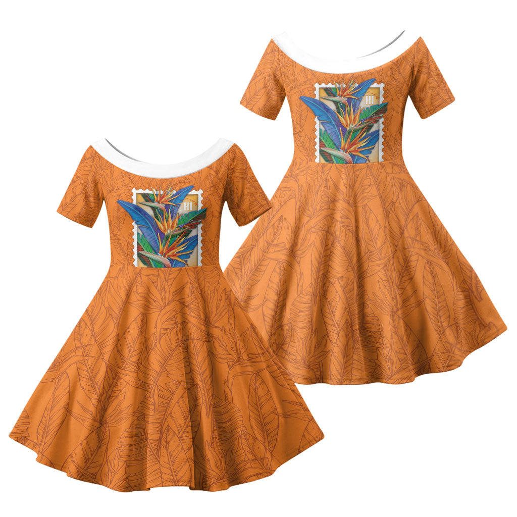 Aloha Hawaii Pua Manu Family Matching Off The Shoulder Long Sleeve Dress and Hawaiian Shirt Hawaiian Bird of Paradise Flowers Stylized Stamp LT14 Daughter's Dress Orange - Polynesian Pride
